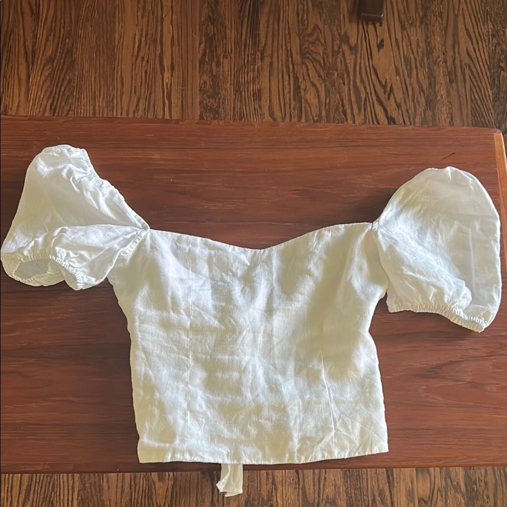 Reformation White Puff Sleeve Cropped Linen Top
